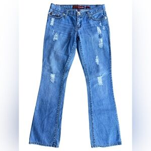 VTG Y2K 90s HOT KISS Low Rise Flare Jeans Sz 7/ 28 Made in Hong Kong Distressed